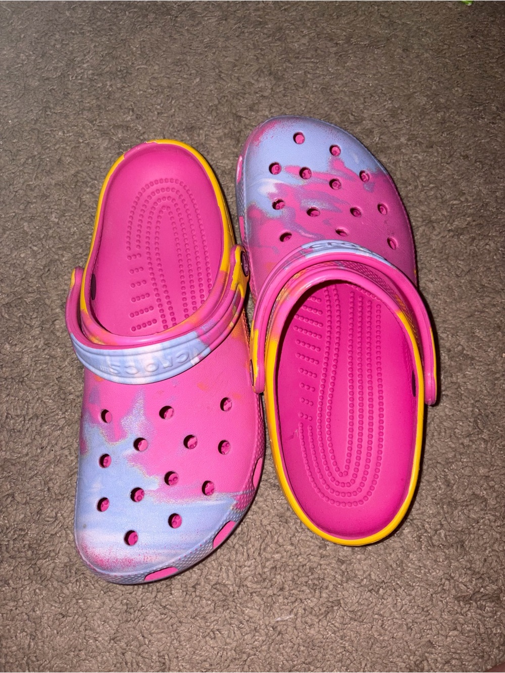 CROCS Pink Tie-Dye Mules with Yellow Trim